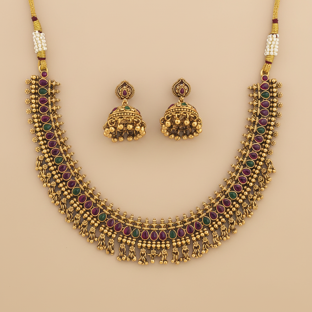 Handcrafted Antique Classic Necklace | Matte Gold Temple Jewelry – Indiglow Artistry