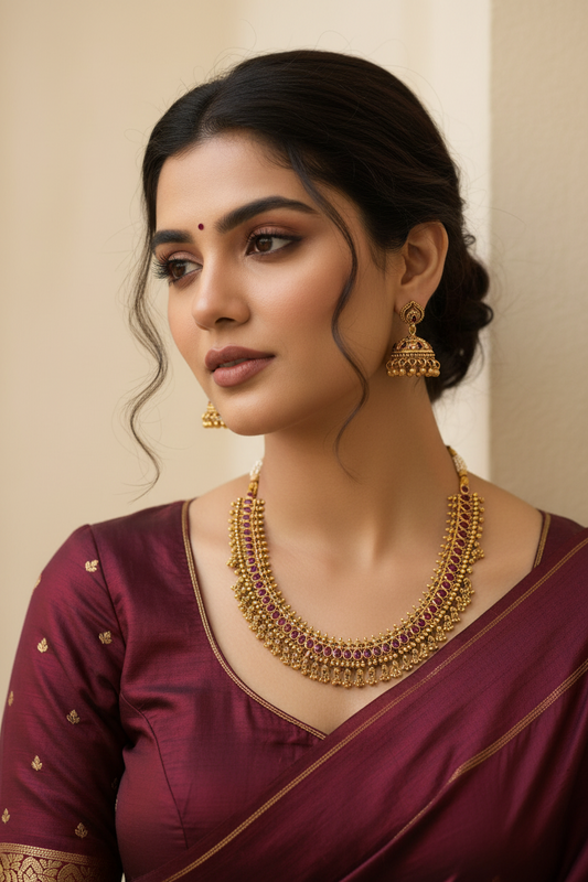 Woman wearing antique gold plated necklace earrings temple jewelry against a beige background