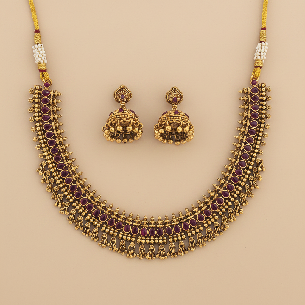 Handcrafted Antique Classic Necklace | Matte Gold Temple Jewelry – Indiglow Artistry