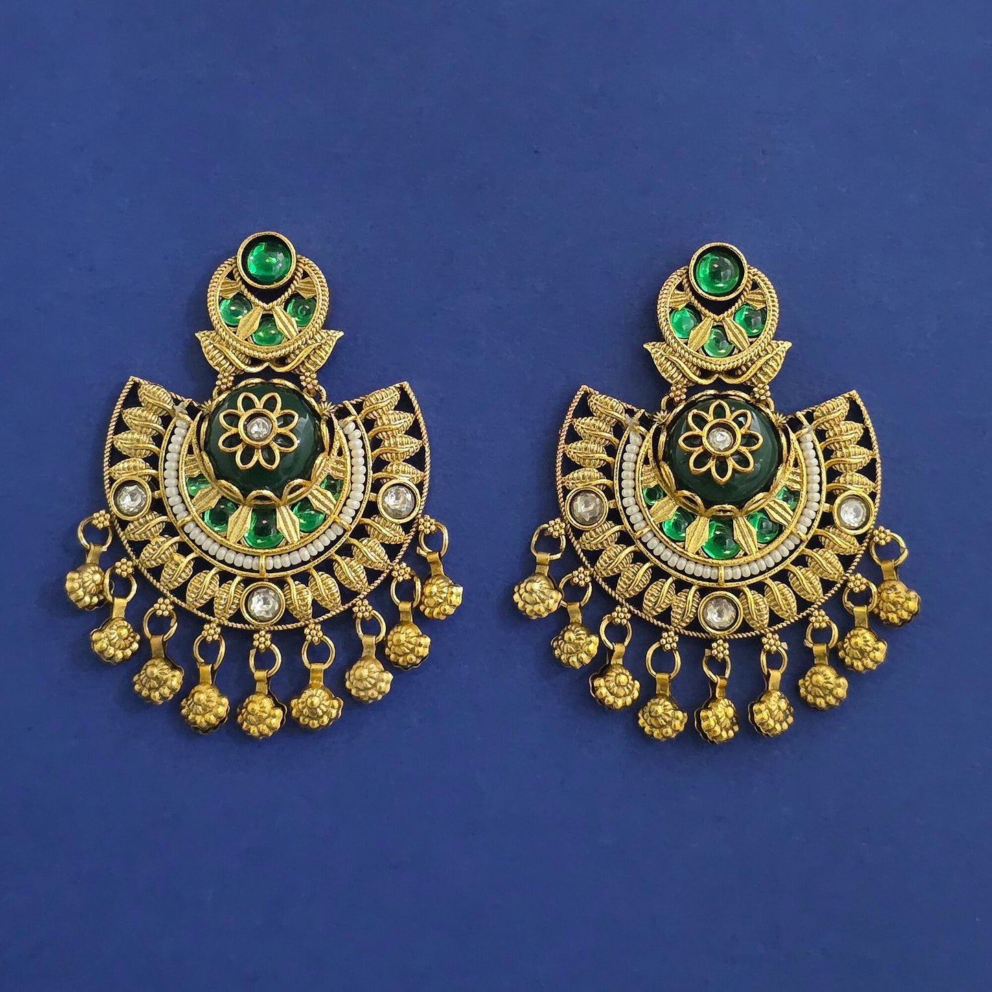Antique Chandbali Earrings Dome Stone Crescent with Polki, Pearl Border & Gold Ghungroo Drops