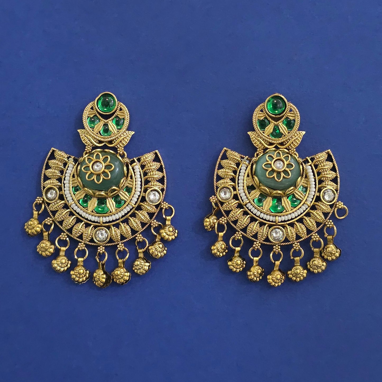 Antique Chandbali Earrings Dome Stone Crescent with Polki, Pearl Border & Gold Ghungroo Drops