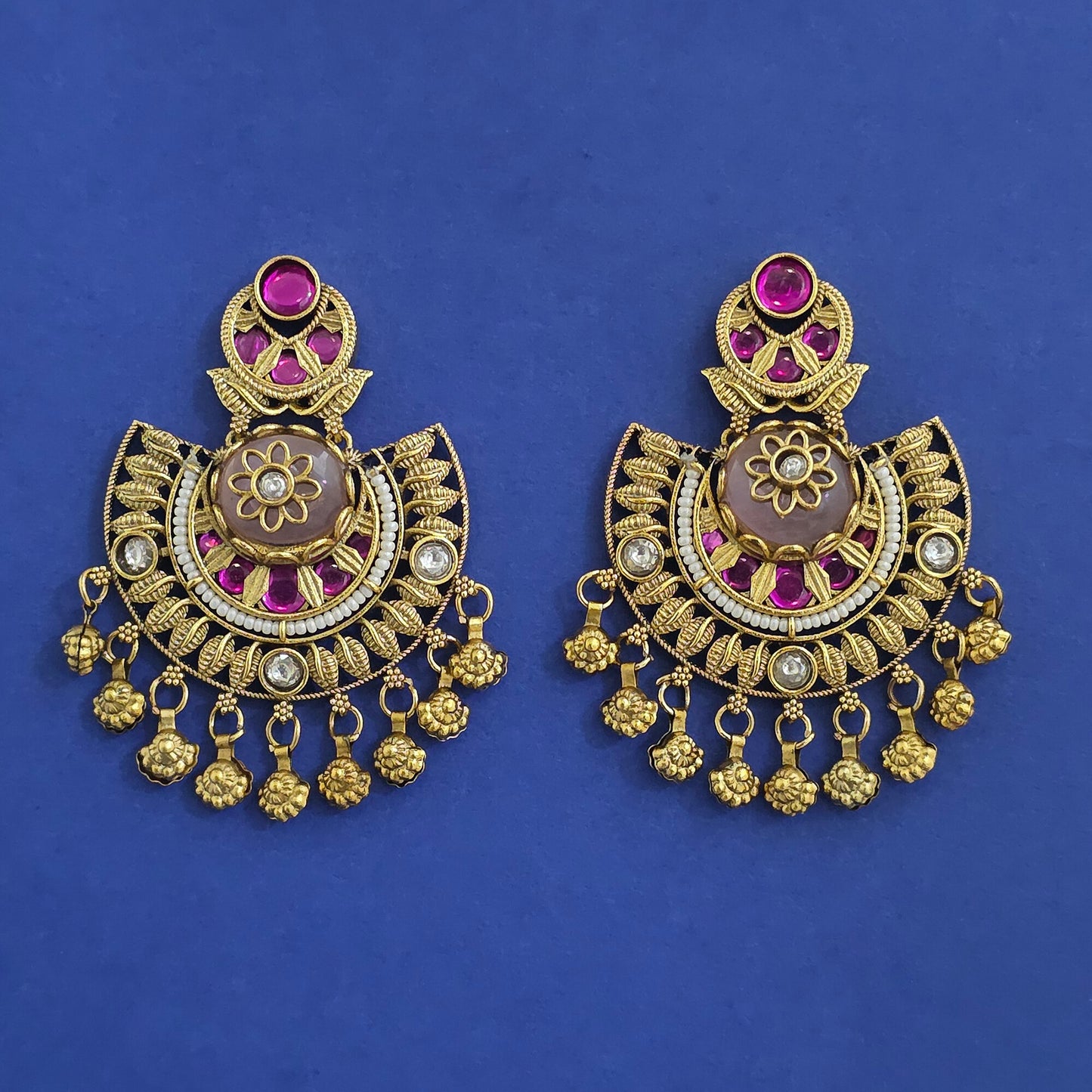Antique Chandbali Earrings Dome Stone Crescent with Polki, Pearl Border & Gold Ghungroo Drops