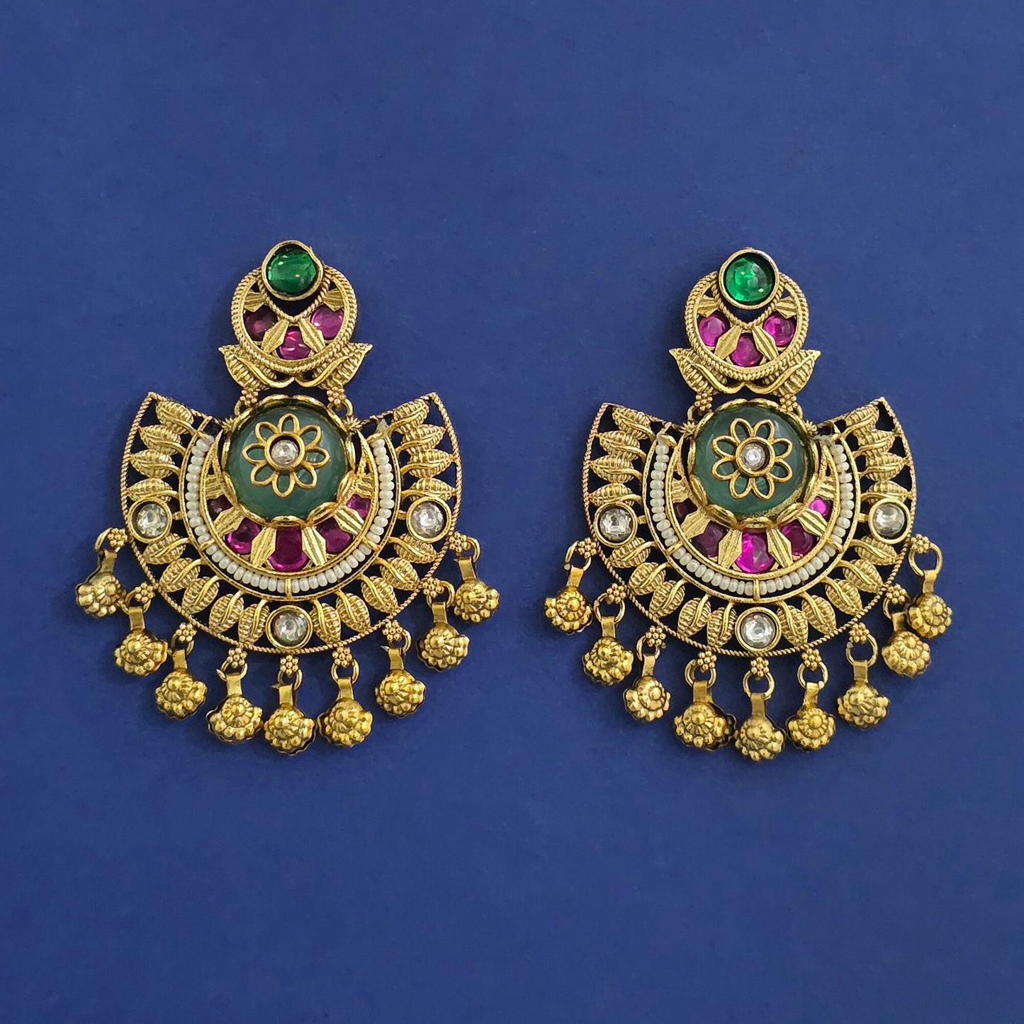 Antique Chandbali Earrings Dome Stone Crescent with Polki, Pearl Border & Gold Ghungroo Drops