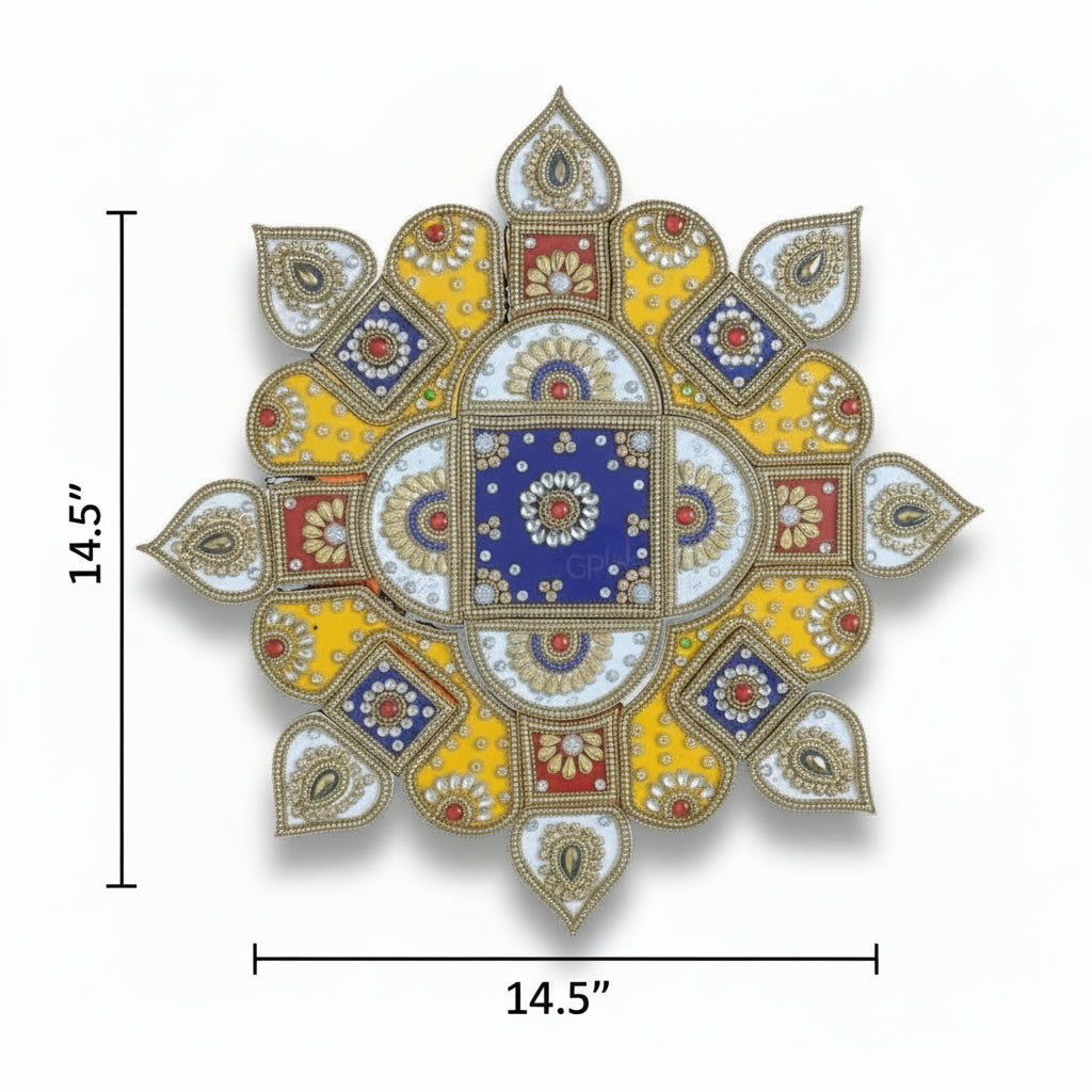 Decorative floor rangoli with geometric pattern and measurements on a white background