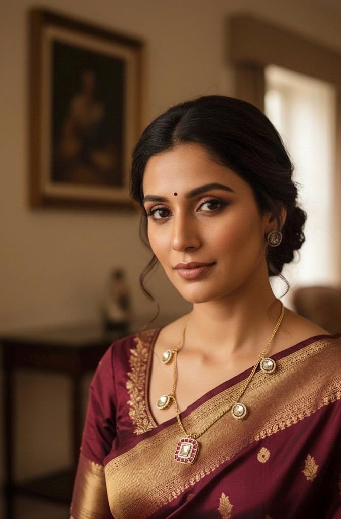 Woman wearing a traditional maroon and gold saree with jewelry indoors.