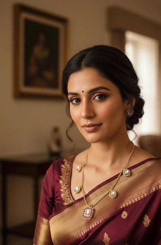 Woman wearing a traditional maroon and gold saree with jewelry indoors.