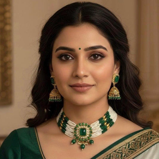 Luxury Green Choker Set with Multi-Strand Pearls and Emerald Beads