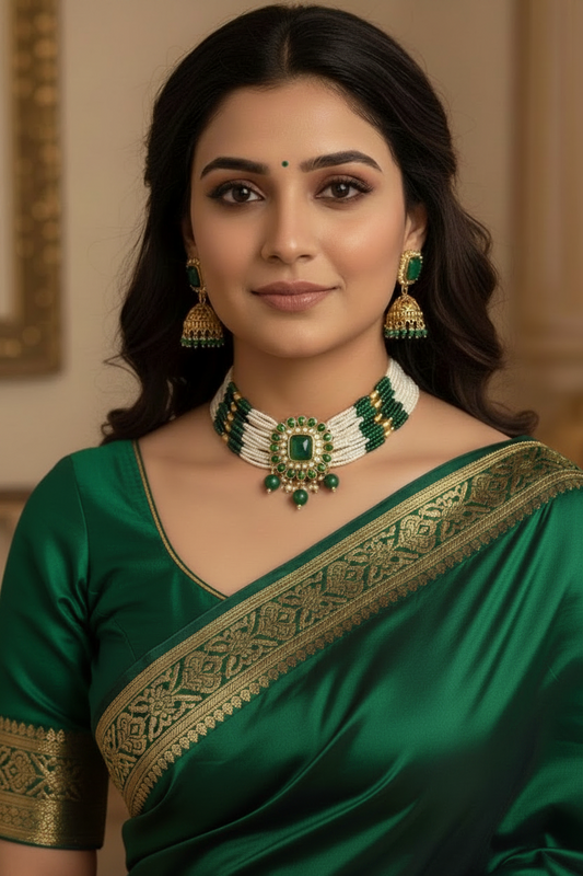 Green Kundan Choker Necklace Set with Pearl Strands and Jhumka Earrings
