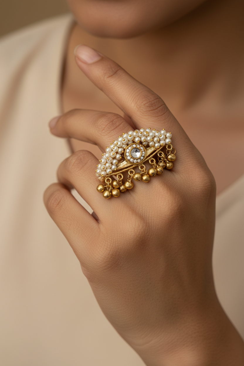 Gold ring with pearls and gemstones on a hand against a neutral background