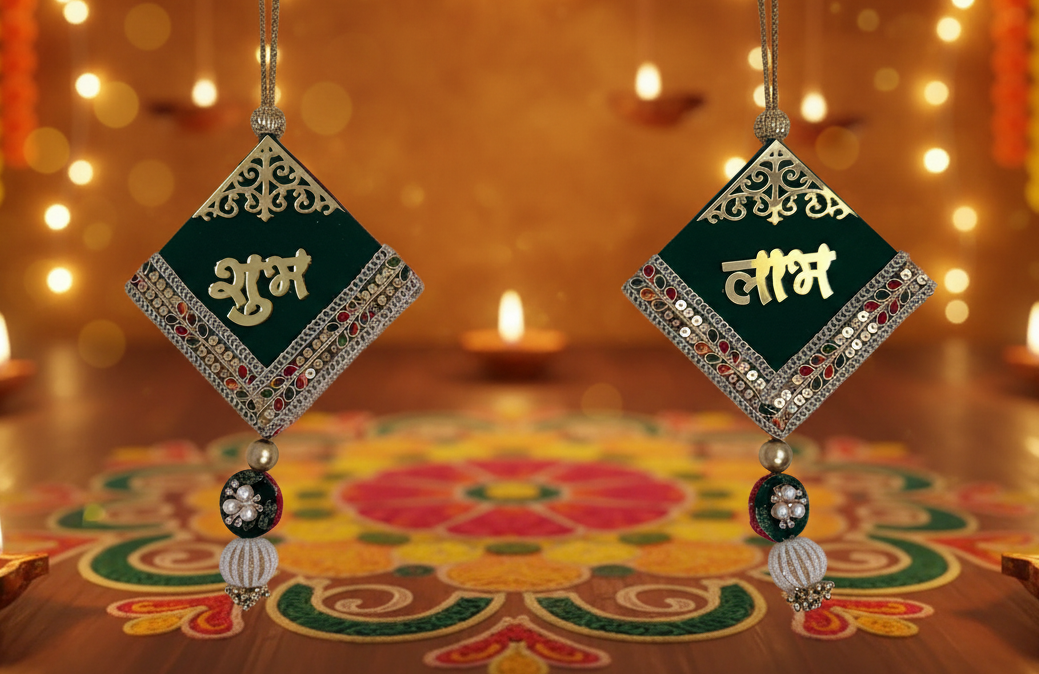 Decorative subh labh with gold text on a colorful background with lights