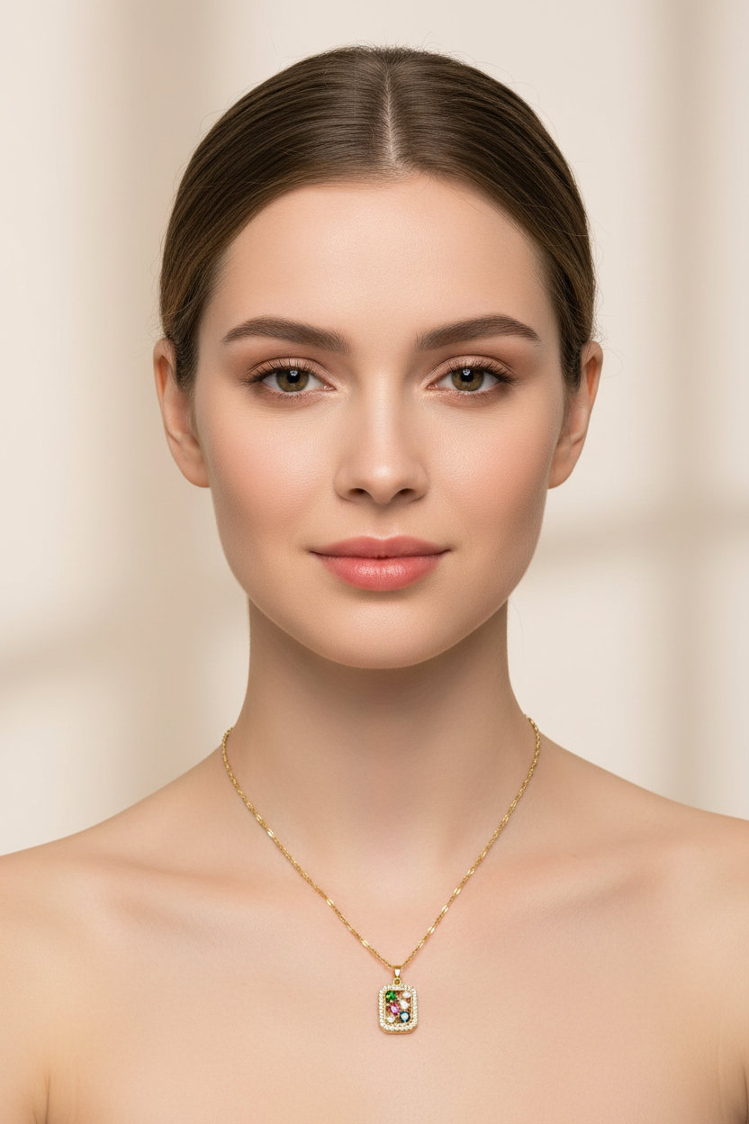 Multicolor CZ Gemstone Rectangle Pendant Necklace | 18K Gold Plated