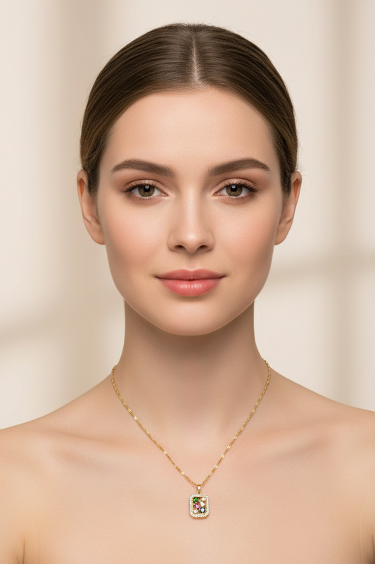 Multicolor CZ Gemstone Rectangle Pendant Necklace | 18K Gold Plated
