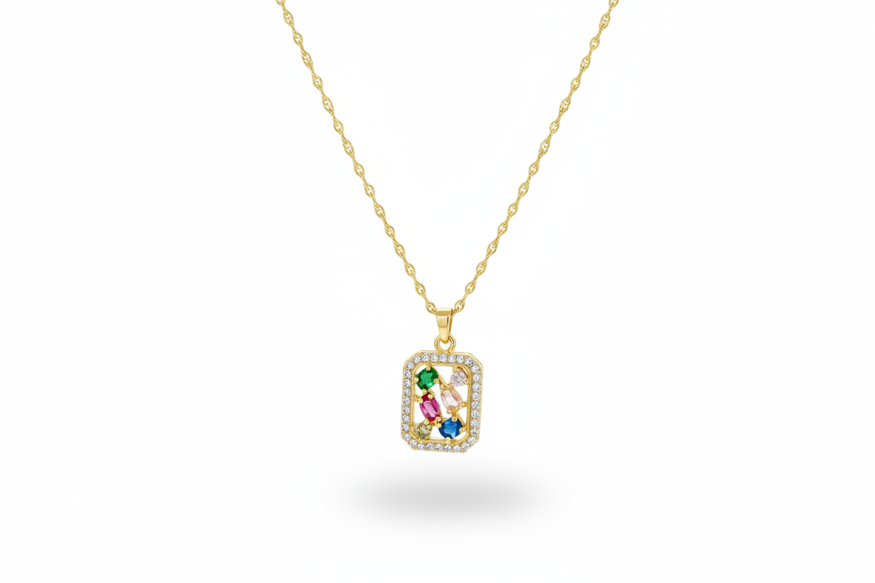 Multicolor CZ Gemstone Rectangle Pendant Necklace | 18K Gold Plated