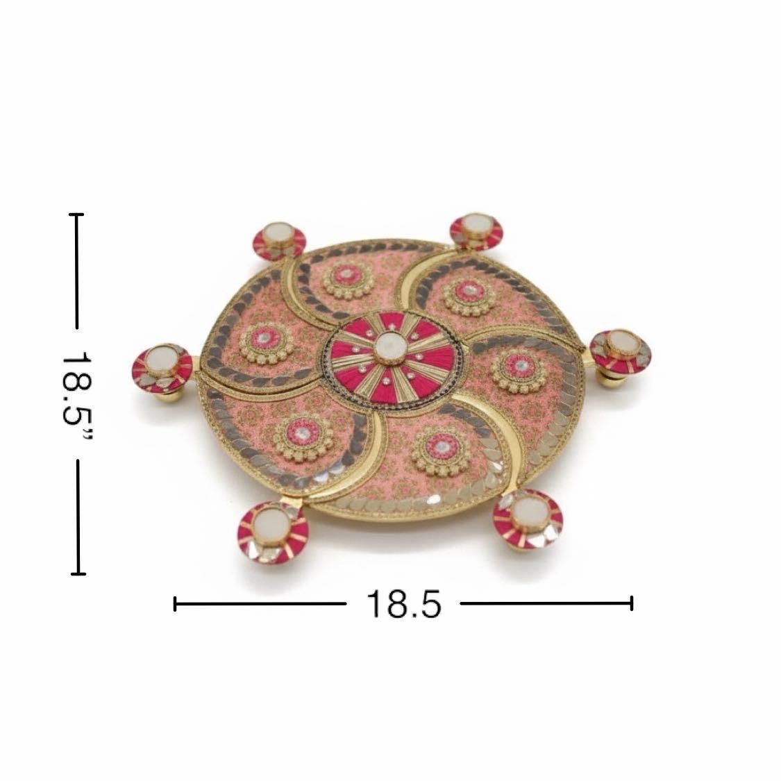 Decorative circular Rangoli with gold and pink design, shown with measurements on a white background.