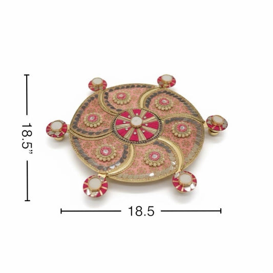 Decorative circular Rangoli with gold and pink design, shown with measurements on a white background.