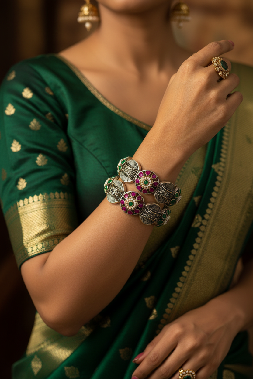 Oxidized Silver Meenakari Kada Bracelet