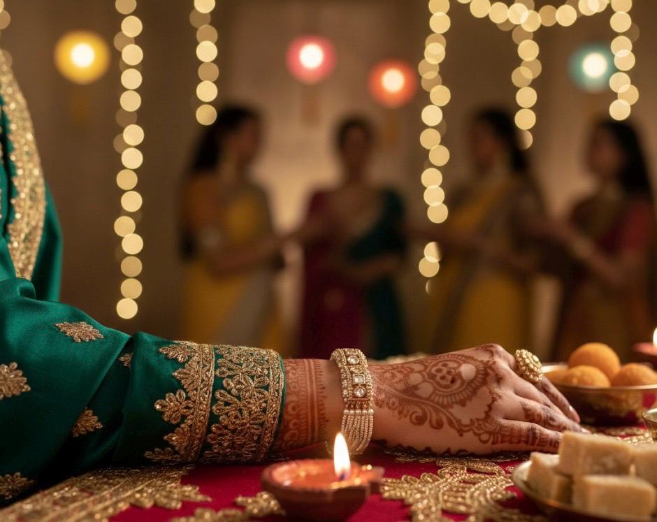 Decorative arm with jewelry and mehndi design, blurred people in the background with lights