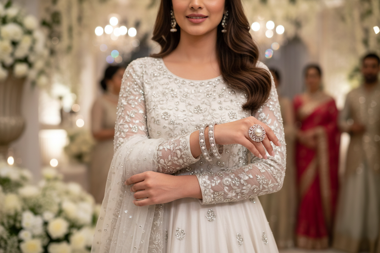 Woman in a white embroidered outfit with bangels in a festive setting
