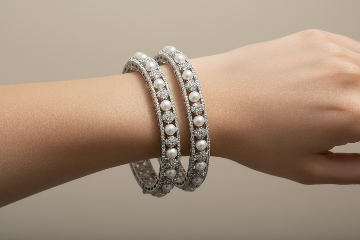Silver Pearl Bangles CZ Stone Openable Kada for Women | Rhodium Plated Wedding Jewelry