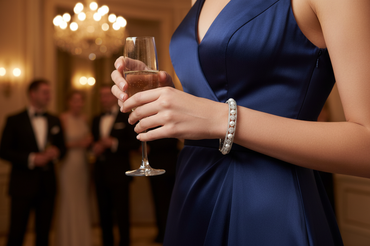 Person wearing pear bracelet in a blue dress holding a glass of champagne in a formal setting