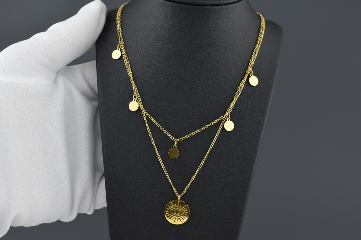 Gold necklace with circular pendants on a black mannequin bust held by a gloved hand.