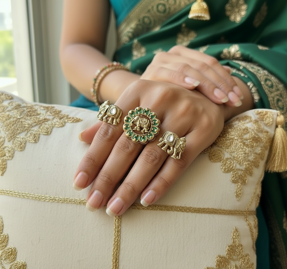 Close-up of a hand wearing gold two finger rings with elephant designs on a teal fabric background.