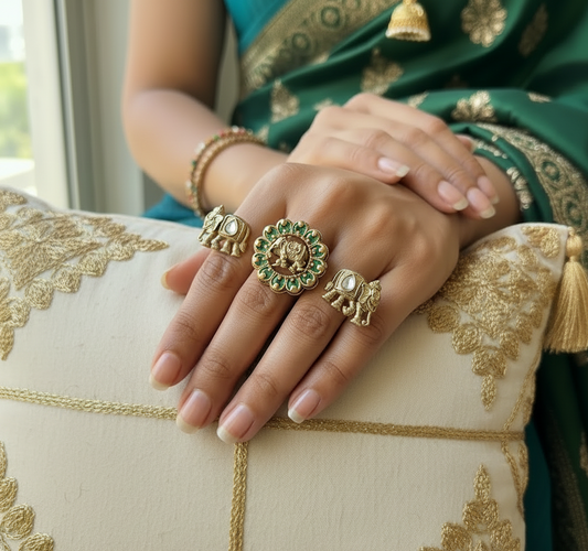 Close-up of a hand wearing gold two finger rings with elephant designs on a teal fabric background.