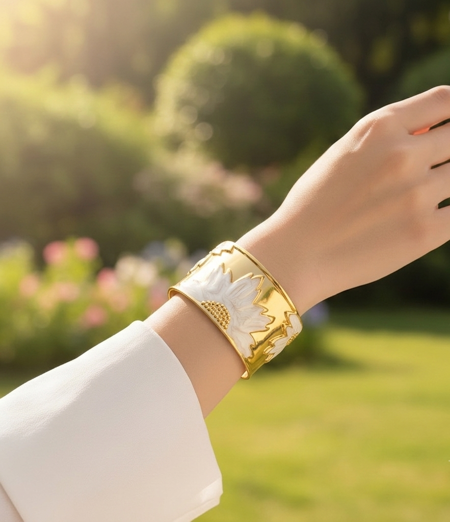 Gold Tone Sunflower Cuff Kada White Enamel Open-Back Bracelet