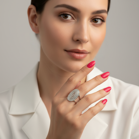Woman wearing a silver ring with a white background
