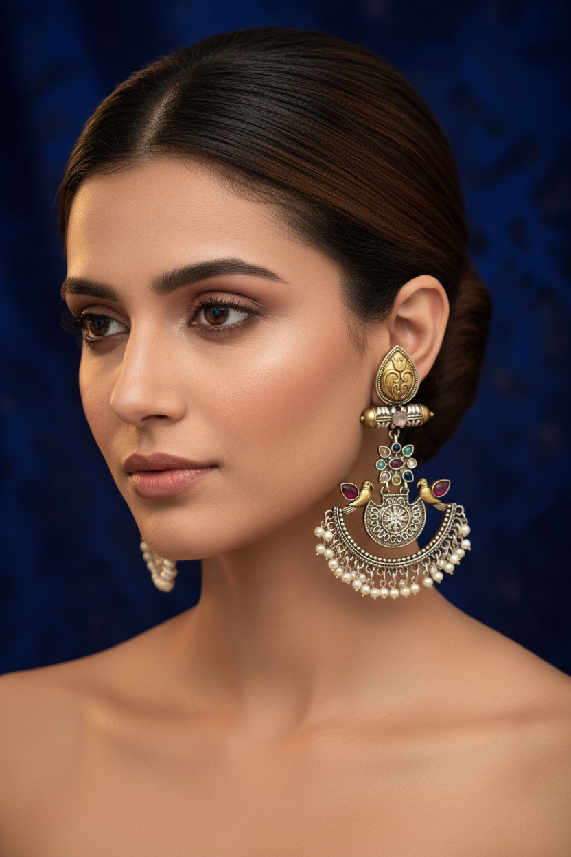 Oxidized Dual-Tone Meenakari Fan Earrings with Bird Motifs & Pearl Drops