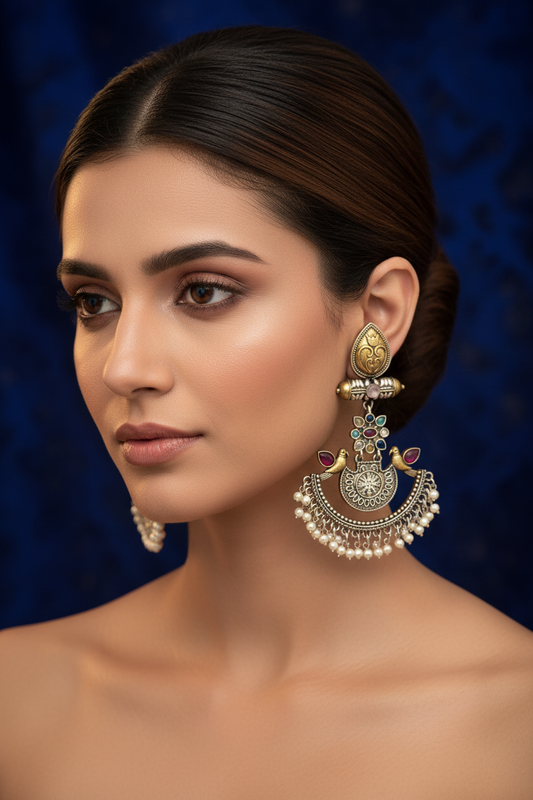 Oxidized Dual-Tone Meenakari Fan Earrings with Bird Motifs & Pearl Drops