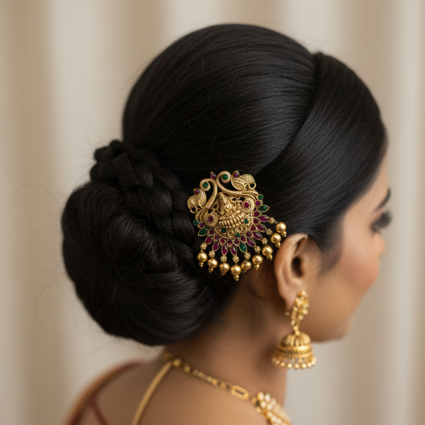 Lakshmi Temple Brooch hair pin Set 3 Piece Antique Gold Kundan Hair Pins