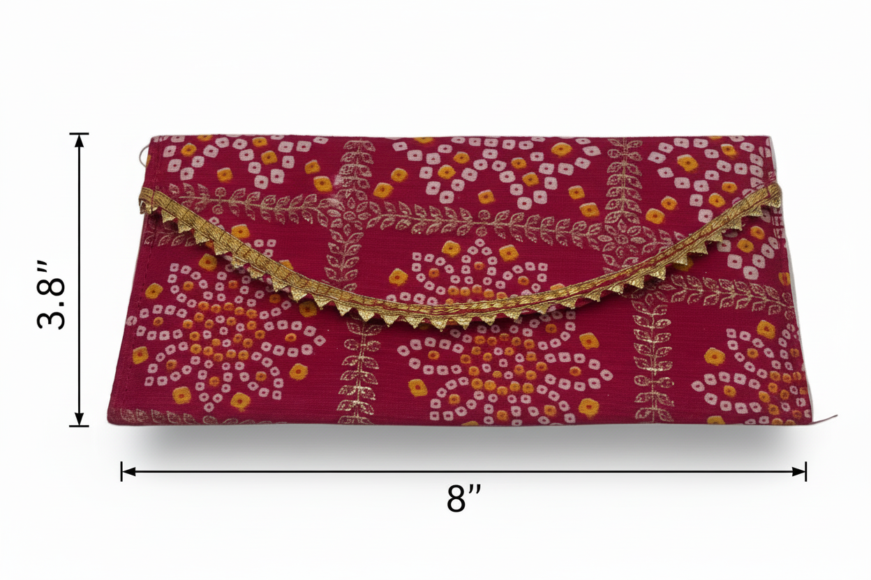 Bandhani Envelope Clutch with Golden Lace Trim - Traditional Tie-Dye Purse