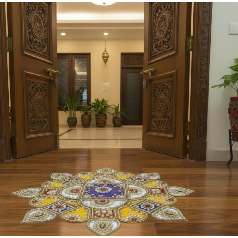 Decorative floor pattern rangoli in a well-lit room with open doors.