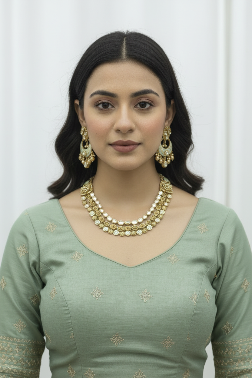 Temple Jewelry Necklace Set Antique Gold Kundan Meenakari with Chandbali Earrings