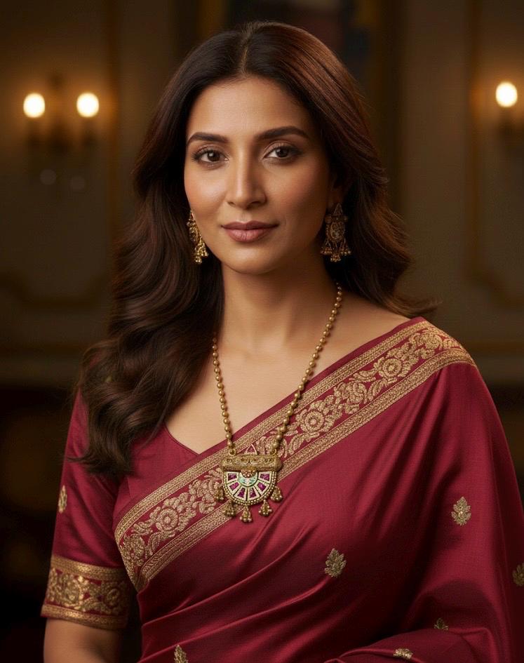 Woman in a maroon saree with gold embroidery in an indoor setting