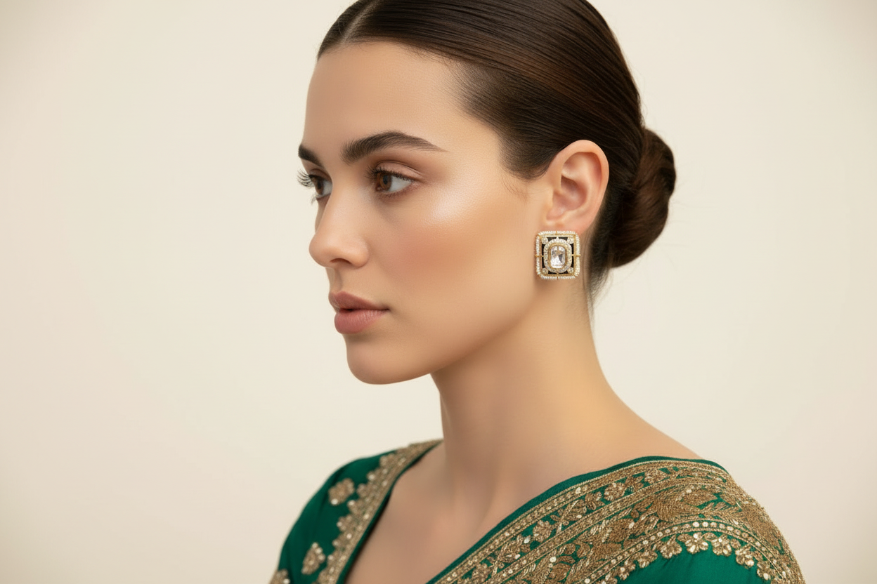 Woman wearing gold tone traditional stud earrings