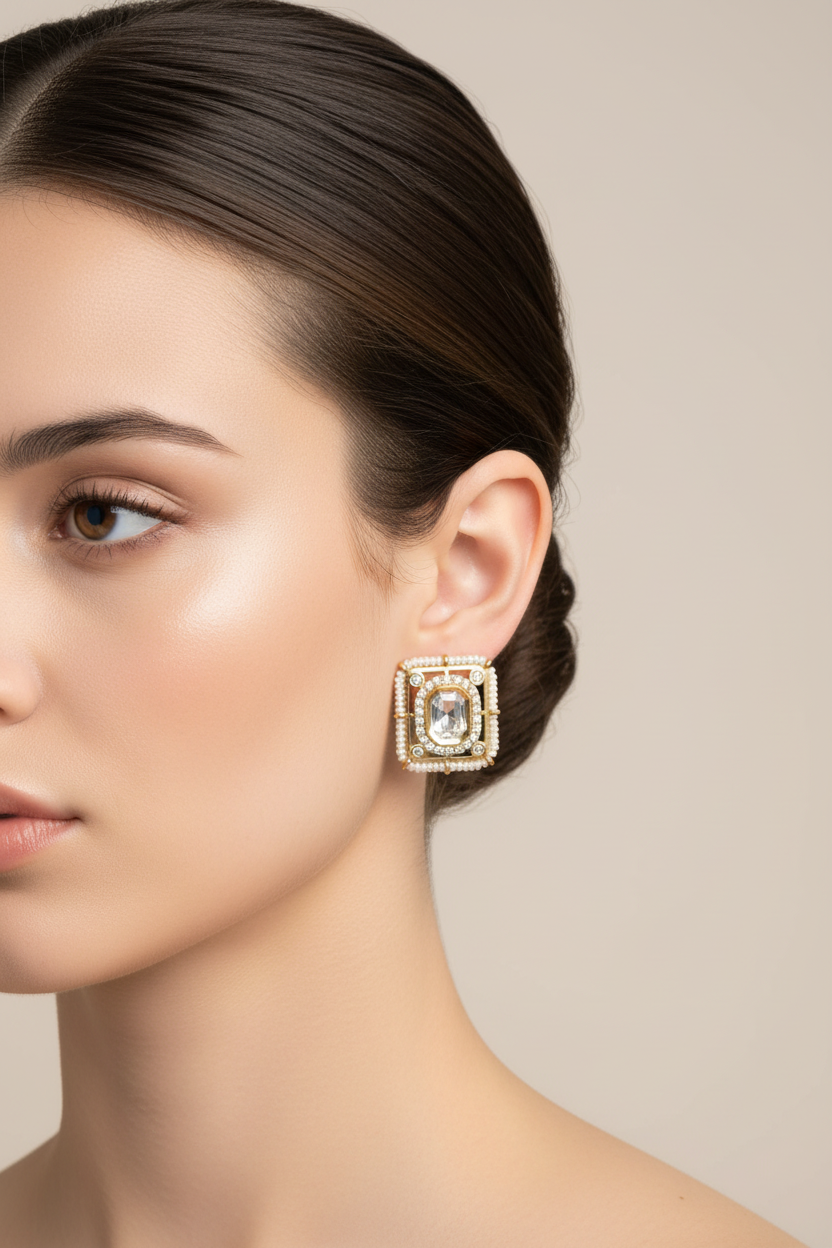 Kundan Polki Square Stud Earrings Carat Gold Plating with pearl Border and CZ