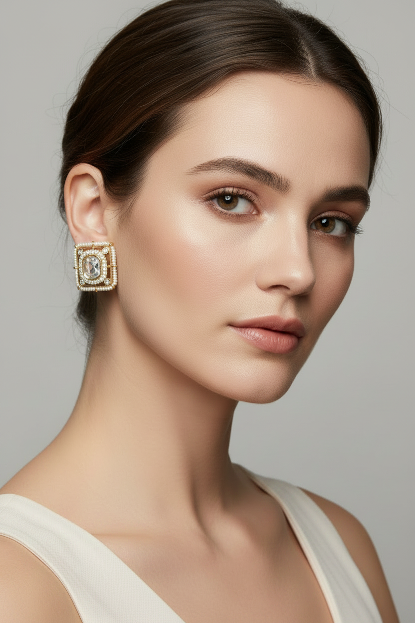 Kundan Polki Square Stud Earrings Carat Gold Plating with pearl Border and CZ