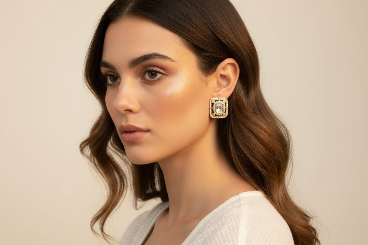 Woman wearing kundan gold plated ear top stud earrings with a neutral background