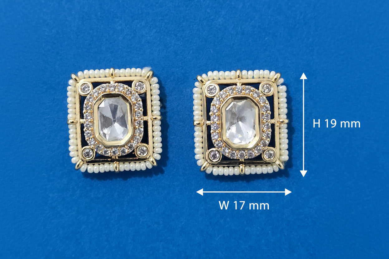 Kundan Polki Square Stud Earrings Carat Gold Plating with pearl Border and CZ