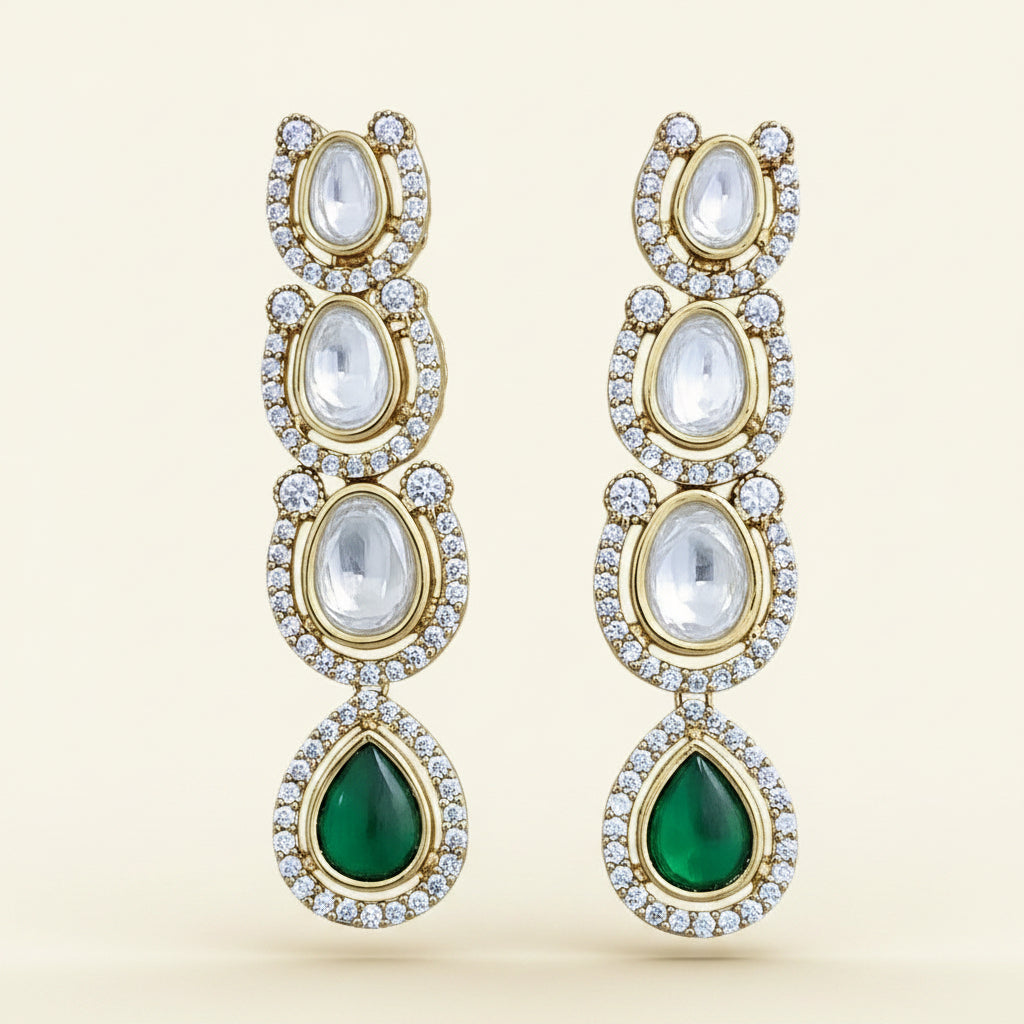 Kundan Classic 4 Tier Long Drop Earrings Carat Gold with CZ & Color Teardrop