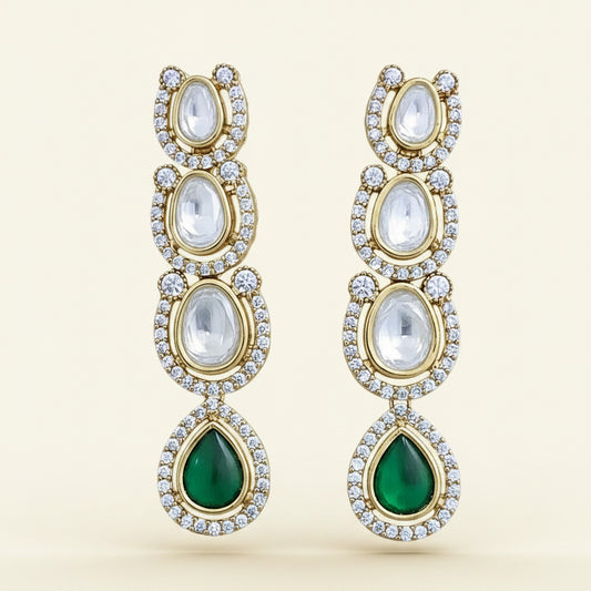 Kundan Classic 4 Tier Long Drop Earrings Carat Gold with CZ & Color Teardrop