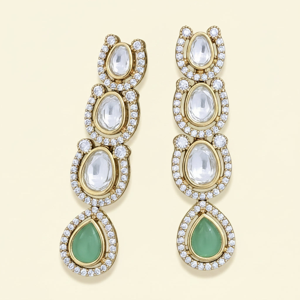Kundan Classic 4 Tier Long Drop Earrings Carat Gold with CZ & Color Teardrop