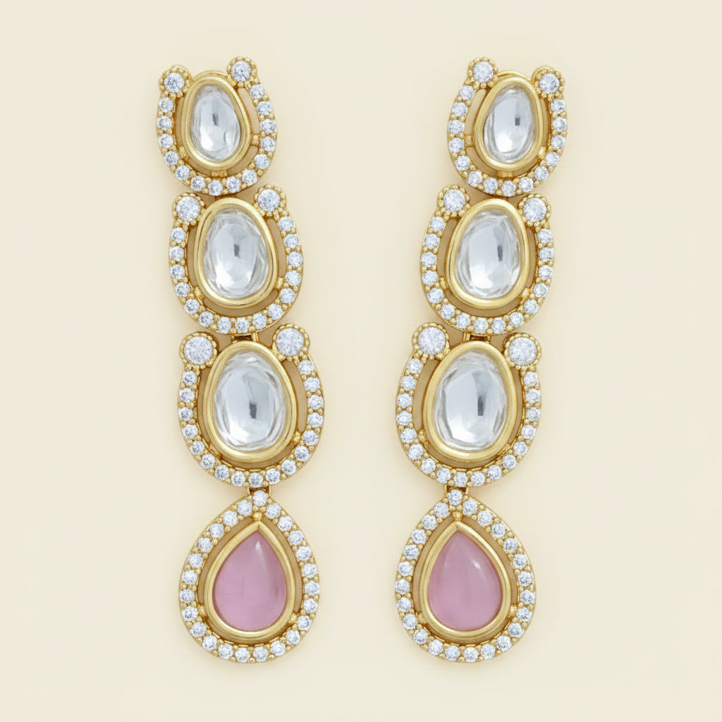 Kundan Classic 4 Tier Long Drop Earrings Carat Gold with CZ & Color Teardrop