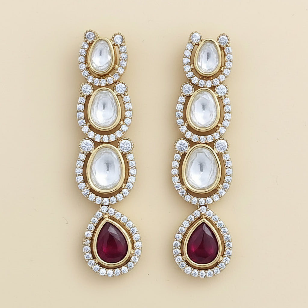 Kundan Classic 4 Tier Long Drop Earrings Carat Gold with CZ & Color Teardrop