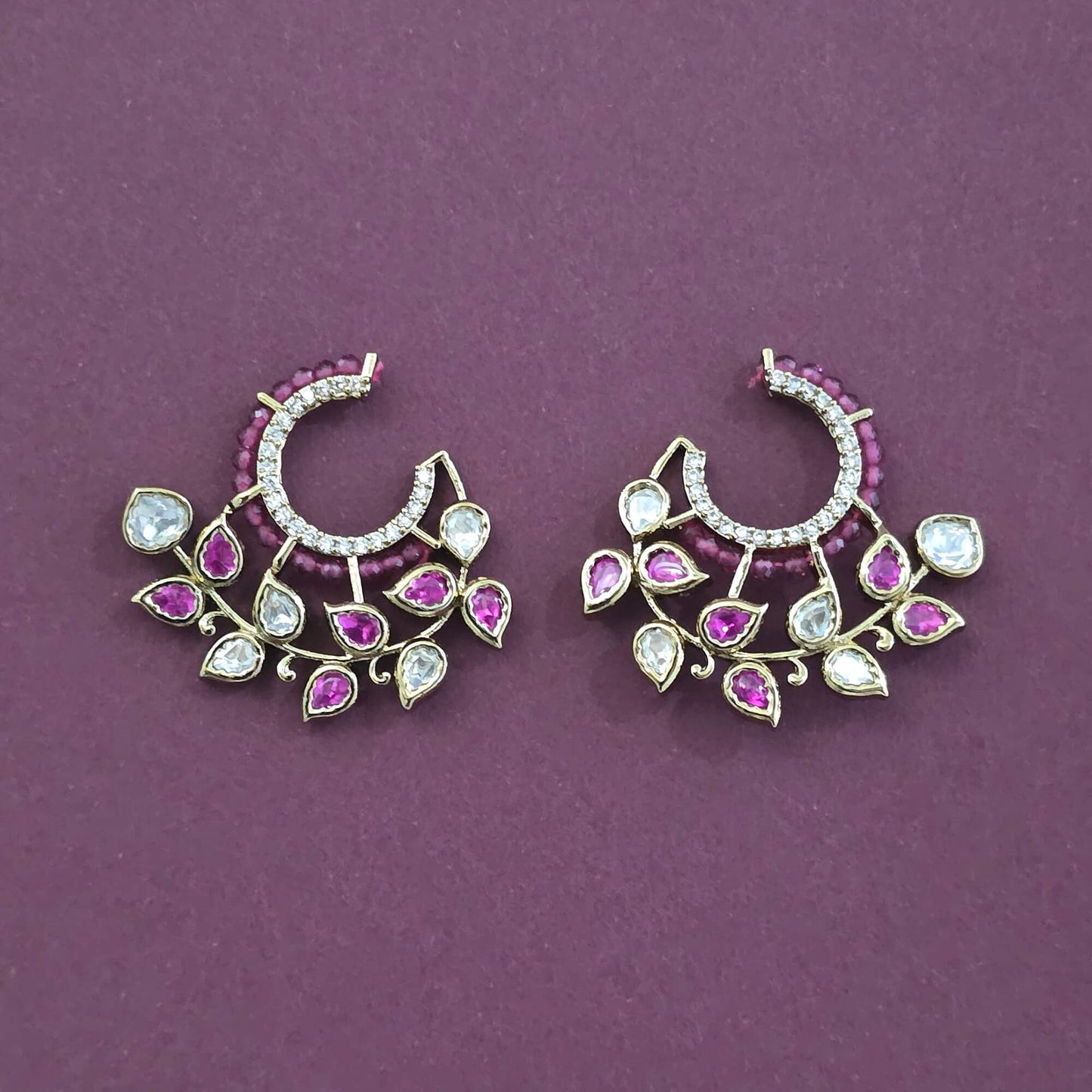 Kundan Polki Floral Vine Crescent Earrings Mehndi Plating with Rani Pink Stones