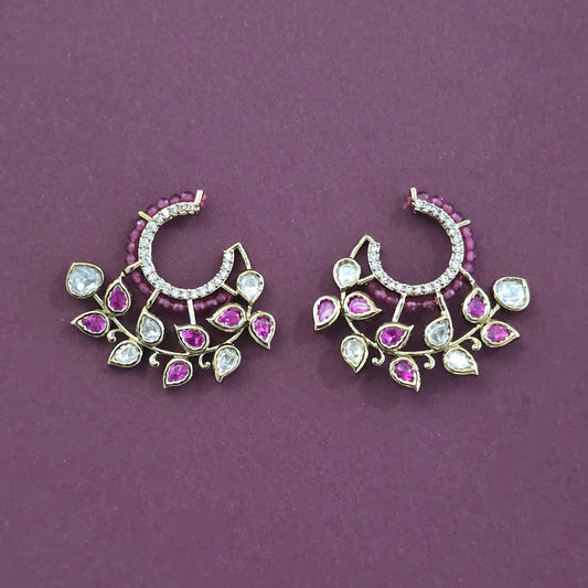 Kundan Polki Floral Vine Crescent Earrings Mehndi Plating with Rani Pink Stones