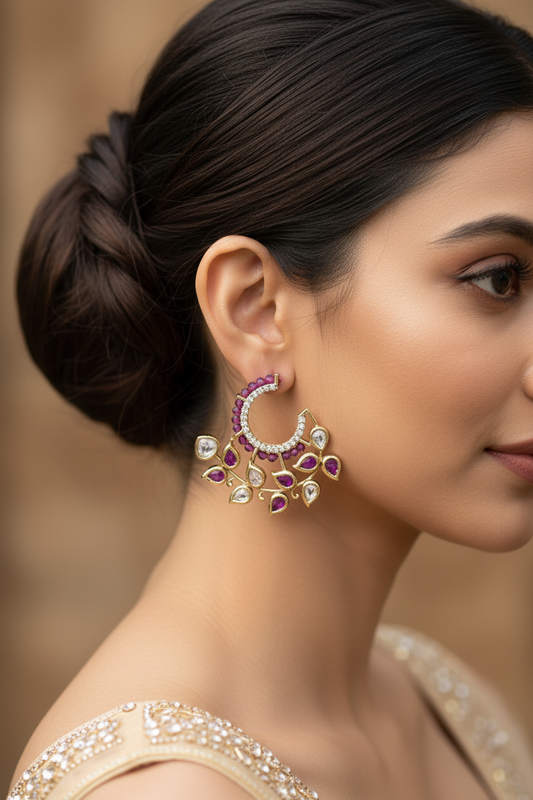 Close-up of a woman wearing a pair of leaf kundan ornate classic earrings with a blurred background