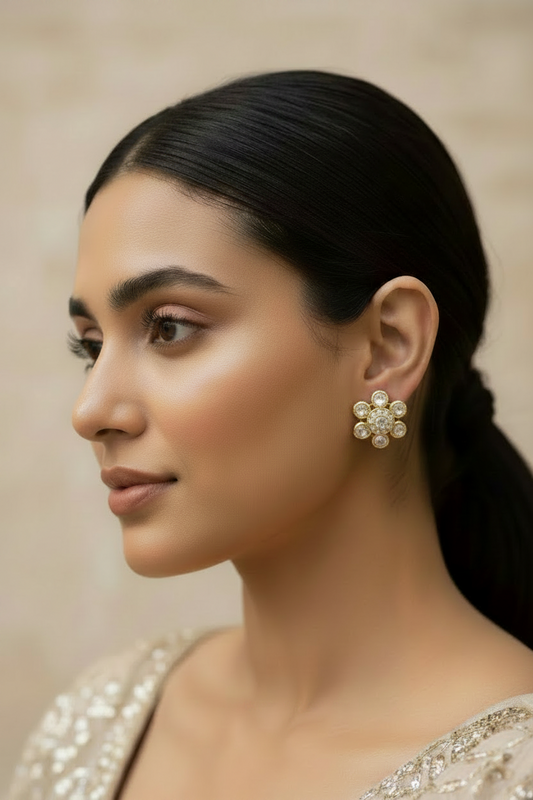Kundan Polki Flower Stud Earrings – Carat Gold Plating with CZ Pave Center